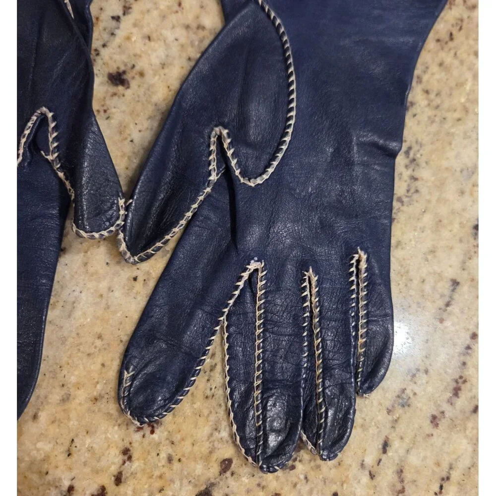 Vintage Womens Size XS S 6 1/4 Blue Leather Formal Gloves Contrast Stitching